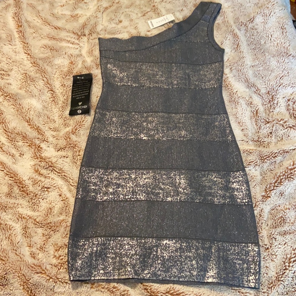 Bebe Silver metallic one shoulder dress
